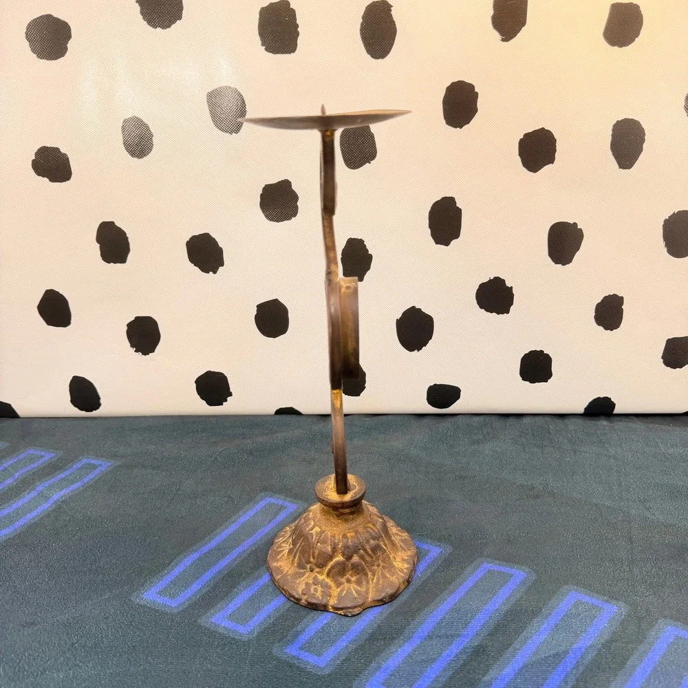 Vtg Cast Iron Pillar Candle Holder Stand Scroll Wrought Metal Rustic Gold 11